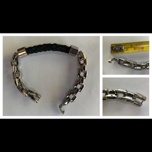 Polished silver and black leather cord mens bracelet